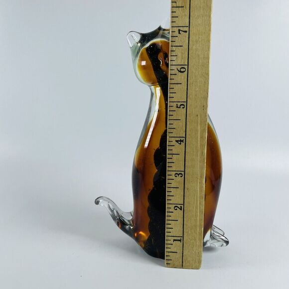 Art Glass Cat Figure Hand Blown Amber Brown 8in Sculpture Black Swirl Inclusion - Picture 3 of 11